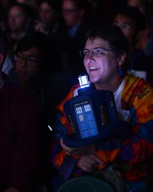 A fan with an amazing TARDIS hat in the Hall H audience during the Doctor Who panel.

Photo by Albert L. Ortega © 2013 SDCC